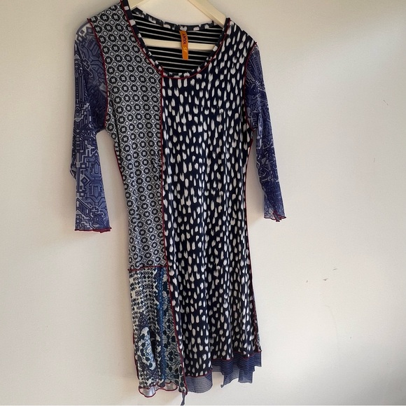 Anya SF Patchwork panel Print Dress Blue Mixed Pattern 3/4 Sleeve Boho Size S - Picture 3 of 14